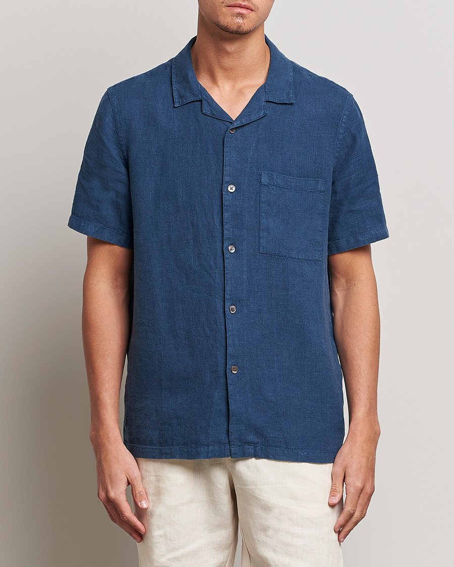 Herre | Skjorter | A Day's March | Yamu Short Sleeve Linen Shirt Indigo Blue
