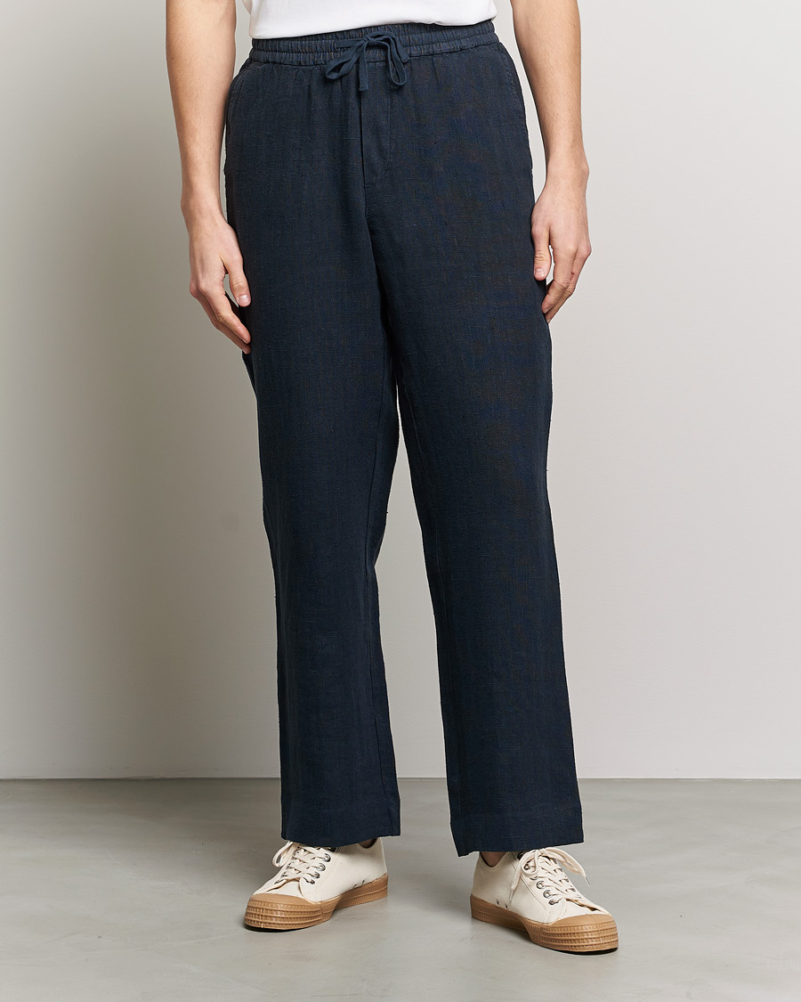 Herre | Bukser | A Day's March | Tamait Drawstring Linen Trousers Navy