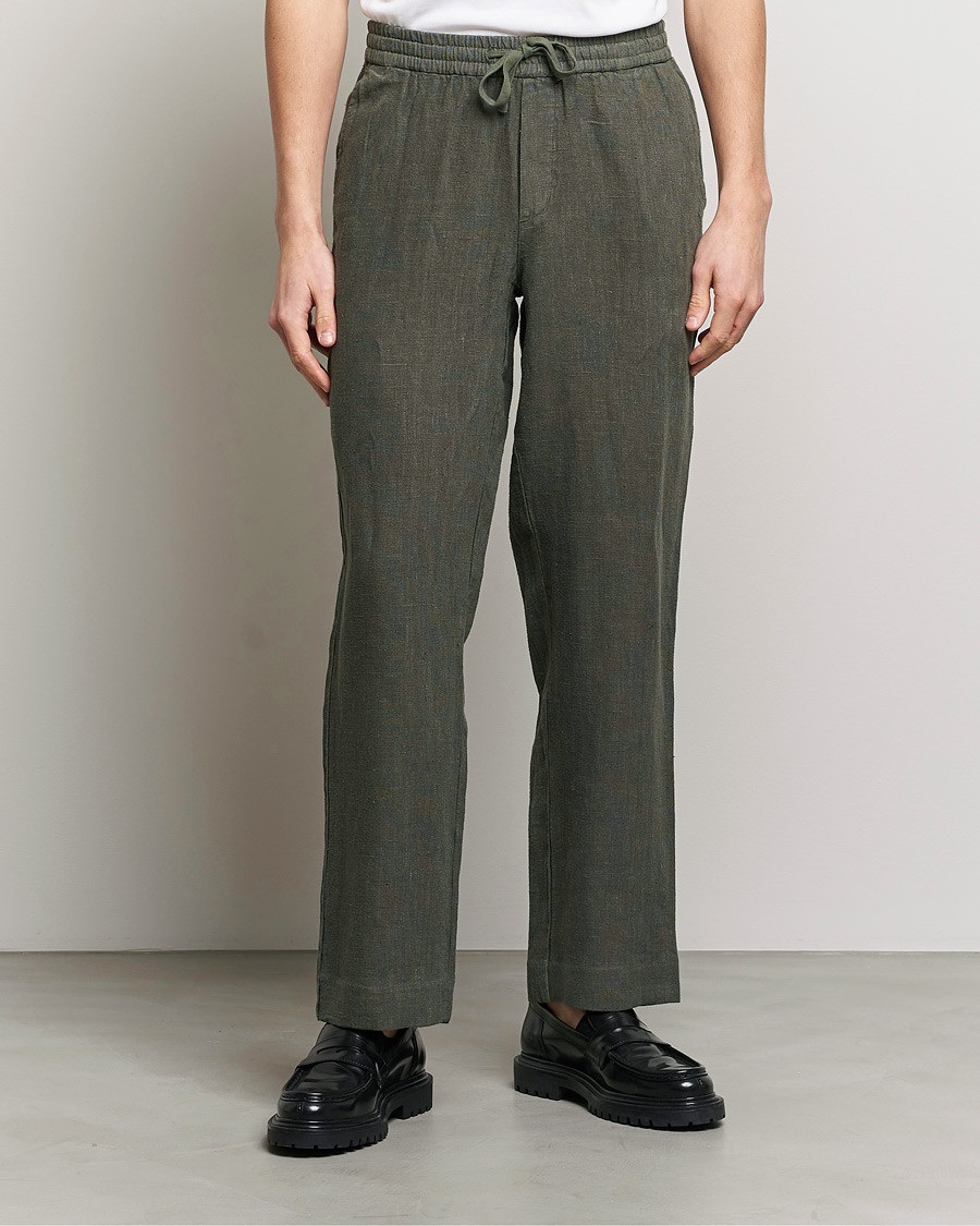 Herre | Bukser | A Day's March | Tamait Drawstring Linen Trousers Olive