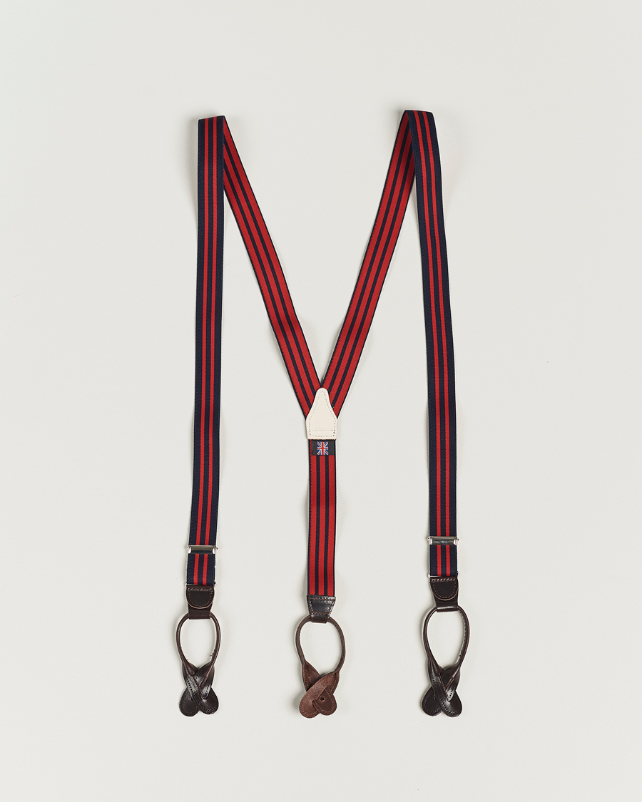 Herre | Albert Thurston Elastic Narrow Stripe Braces 25mm Navy/Red | Albert Thurston | Elastic Narrow Stripe Braces 25mm Navy/Red