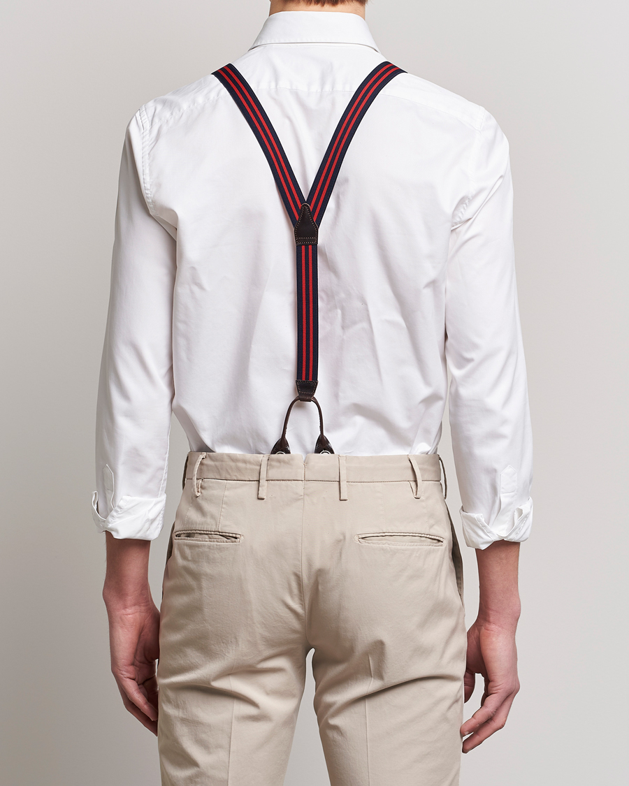Herre | Albert Thurston Elastic Narrow Stripe Braces 25mm Navy/Red | Albert Thurston | Elastic Narrow Stripe Braces 25mm Navy/Red