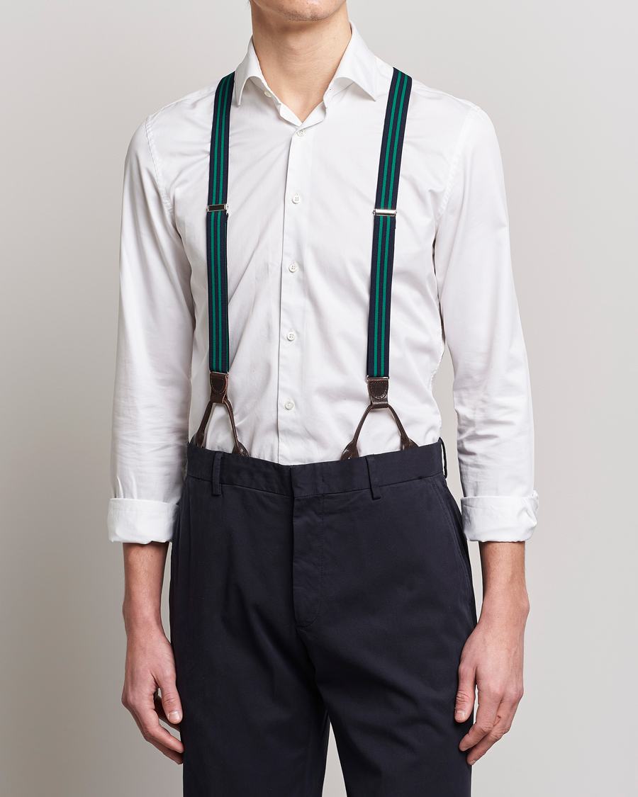 Herre | Albert Thurston Elastic Narrow Stripe Braces 25mm Navy/Green | Albert Thurston | Elastic Narrow Stripe Braces 25mm Navy/Green
