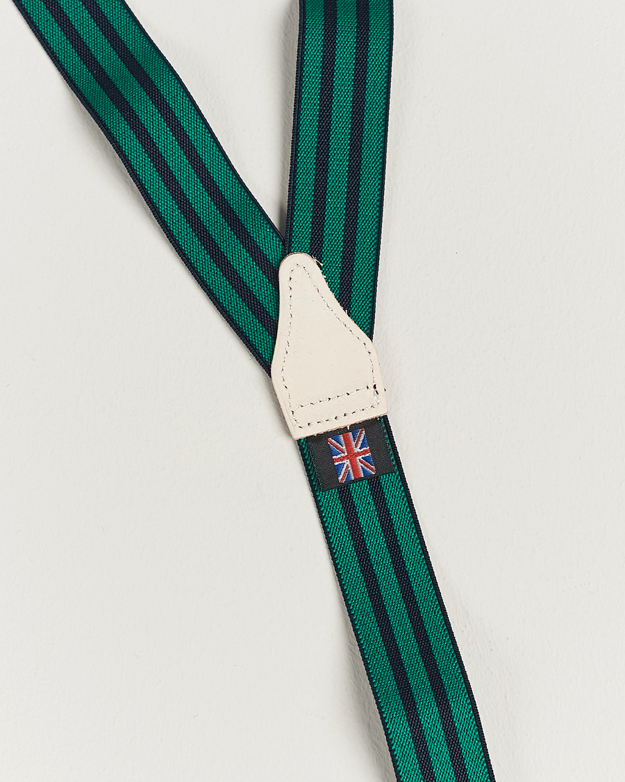 Herre | Albert Thurston Elastic Narrow Stripe Braces 25mm Navy/Green | Albert Thurston | Elastic Narrow Stripe Braces 25mm Navy/Green