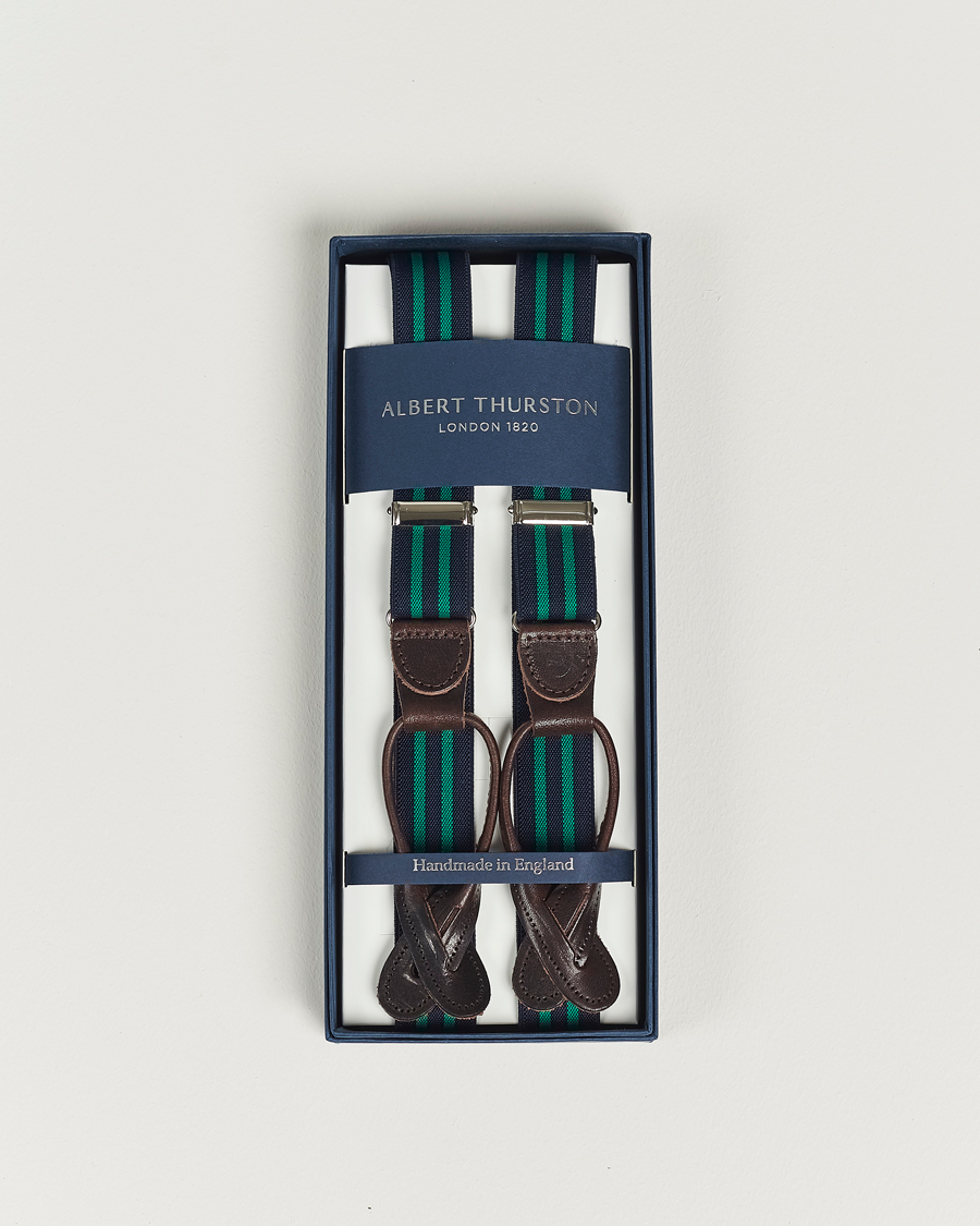 Herre | Albert Thurston Elastic Narrow Stripe Braces 25mm Navy/Green | Albert Thurston | Elastic Narrow Stripe Braces 25mm Navy/Green