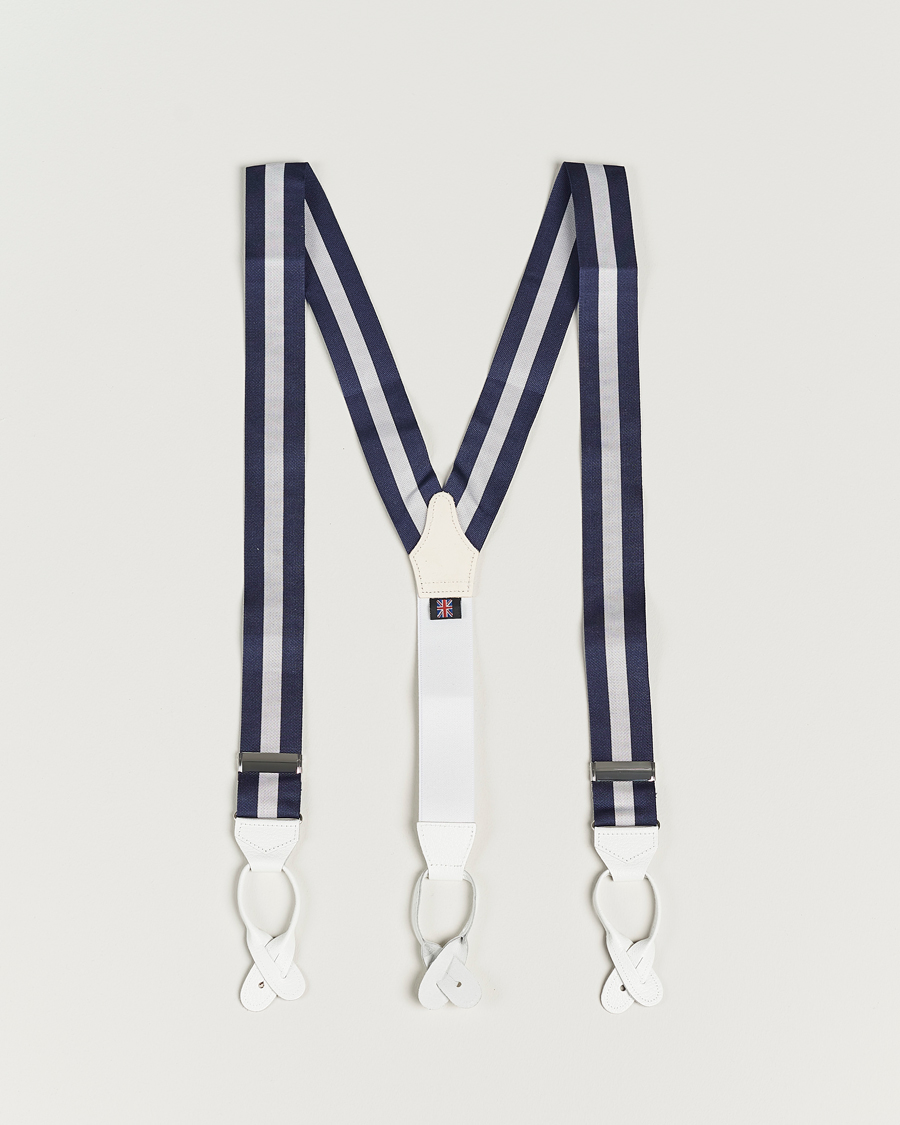 Herre | Albert Thurston Elastic Wide Stripe Braces 40mm Navy/White | Albert Thurston | Elastic Wide Stripe Braces 40mm Navy/White