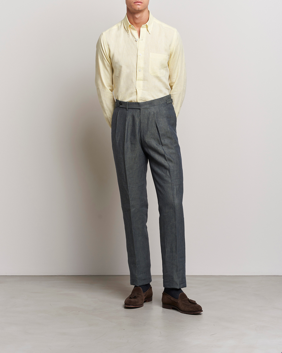 Herre | Bukser | Beams F | Pleated Linen Trousers Petroleum Blue