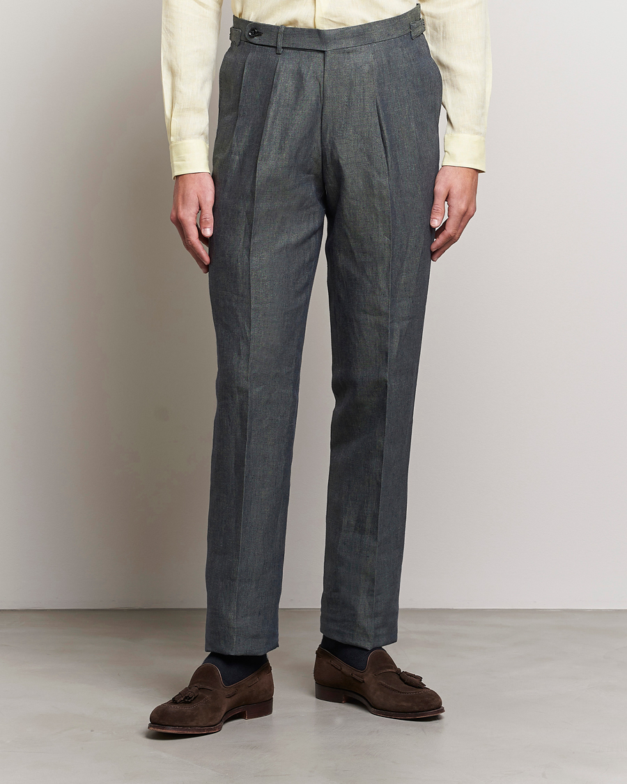 Herre | Japanese Department | Beams F | Pleated Linen Trousers Petroleum Blue