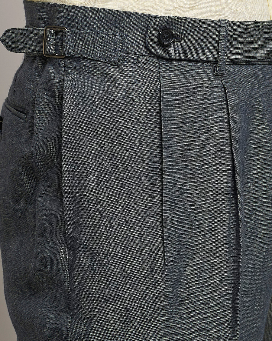 Herre | Bukser | Beams F | Pleated Linen Trousers Petroleum Blue