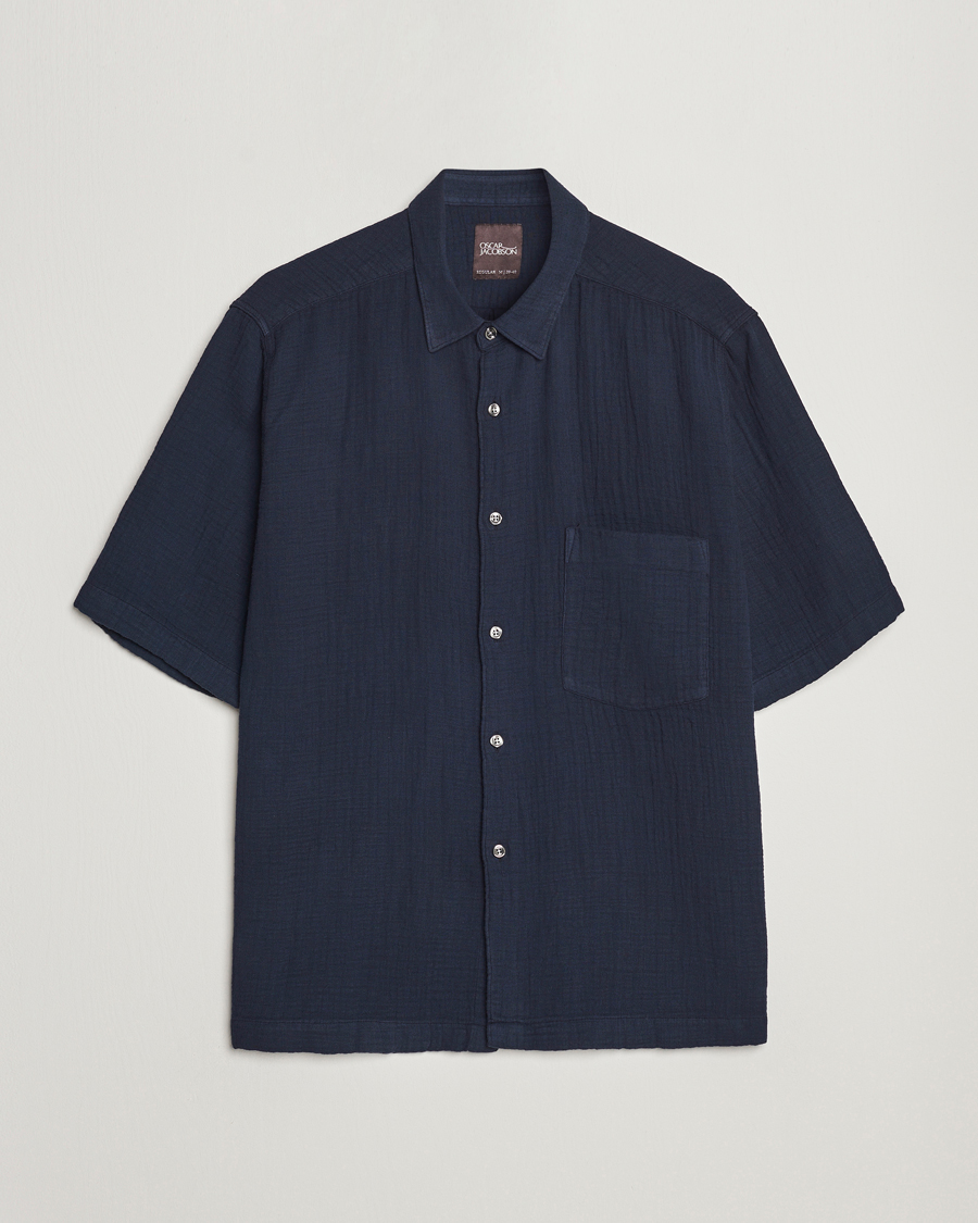 Herre | Skjorter | Oscar Jacobson | Short Sleeve City Crepe Cotton Shirt Navy