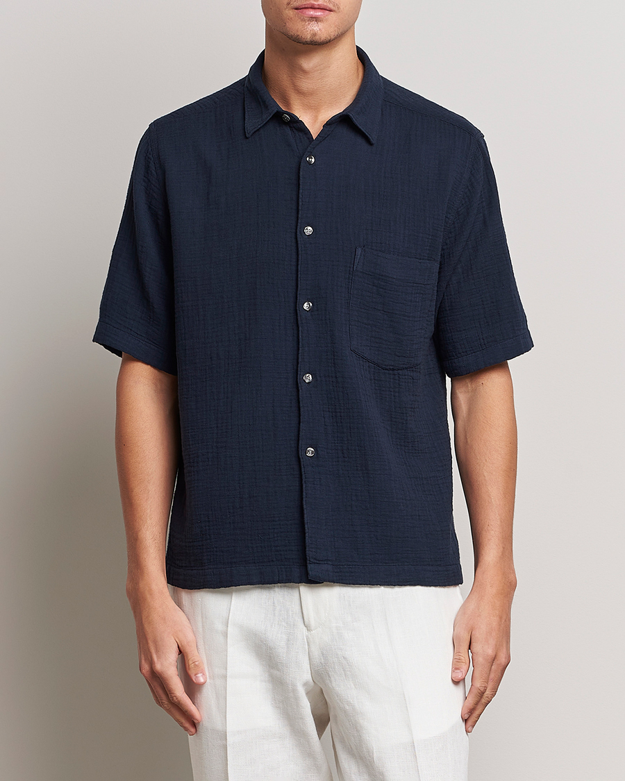 Herre | Kortærmede skjorter | Oscar Jacobson | Short Sleeve City Crepe Cotton Shirt Navy