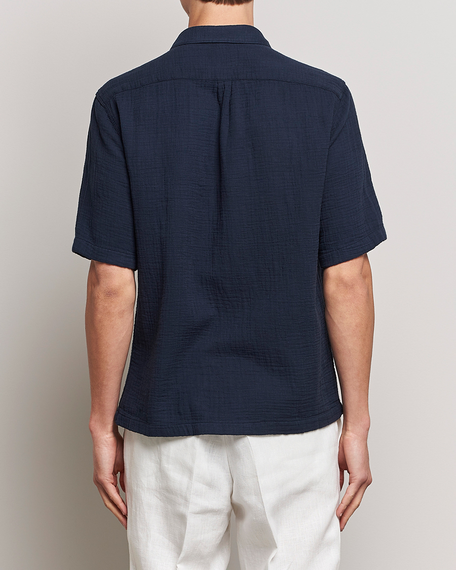 Herre | Skjorter | Oscar Jacobson | Short Sleeve City Crepe Cotton Shirt Navy