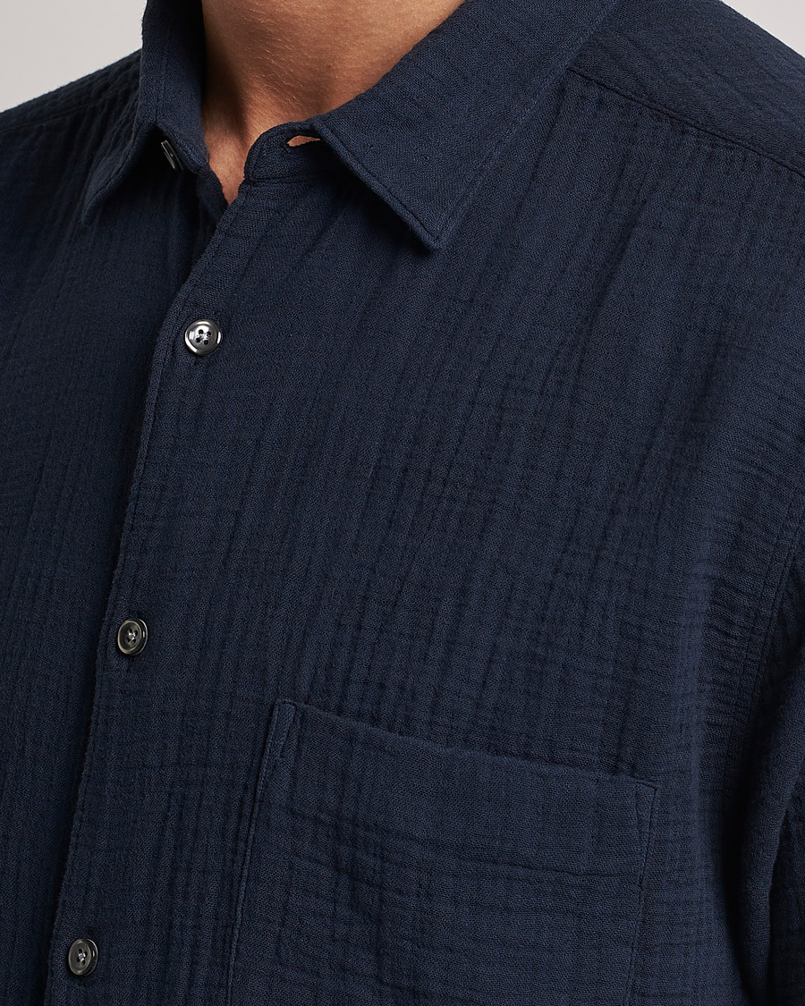 Herre | Skjorter | Oscar Jacobson | Short Sleeve City Crepe Cotton Shirt Navy