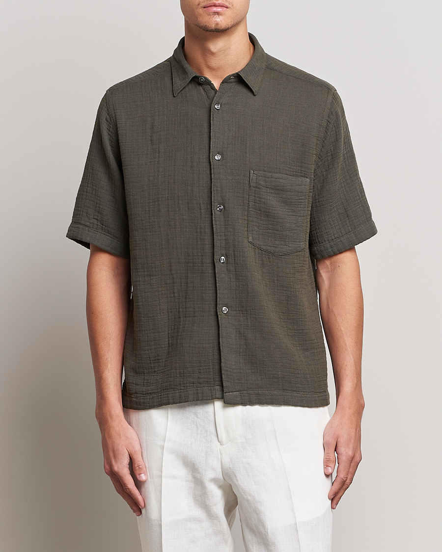 Herre | Skjorter | Oscar Jacobson | Regular Fit City Crepe Cotton Shirt Green