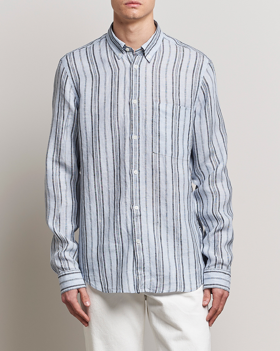Herre |  | NN07 | Arne Strinped Linen Shirt Blue