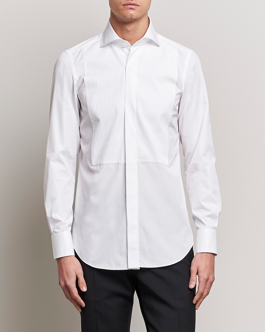 Herre | Italian Department | Finamore Napoli | Milano Slim Plisse Smoking Shirt White