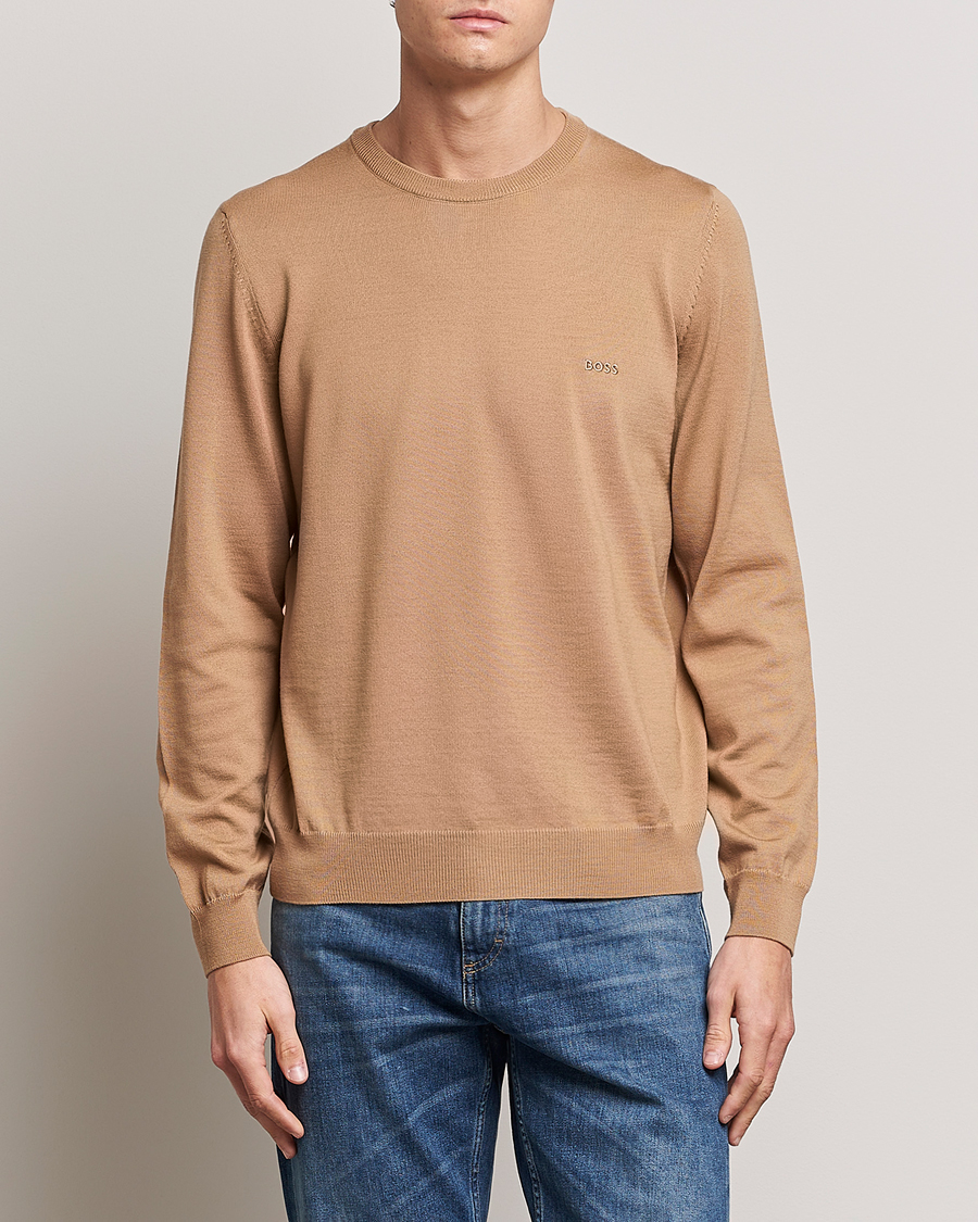 Herre | Tøj | BOSS BLACK | Botto Wool Knitted Crew Neck Sweater Medium Beige