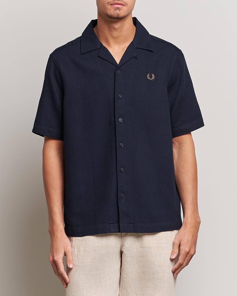 Herre | Kortærmede skjorter | Fred Perry | Woven Pique Short Sleeve Linen Shirt Navy