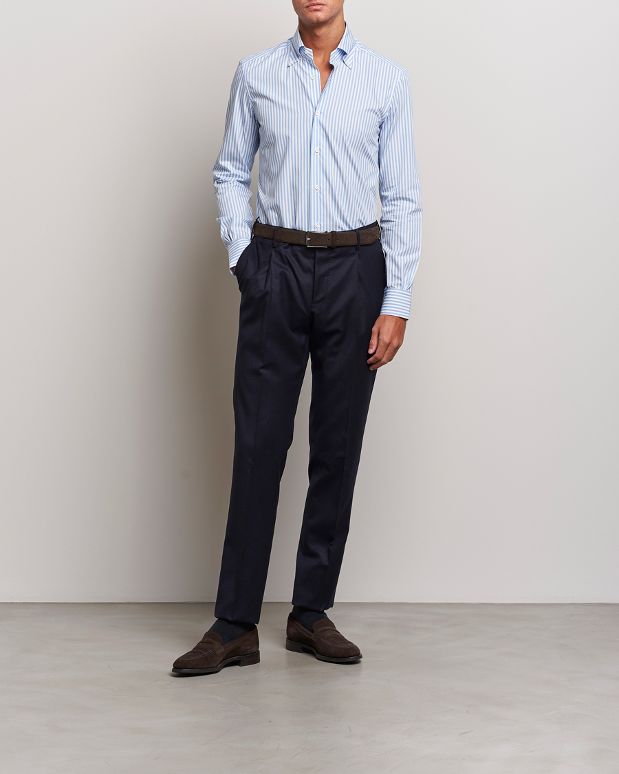 Herre | Skjorter | Mazzarelli | Soft Button Down Striped Shirt Light Blue