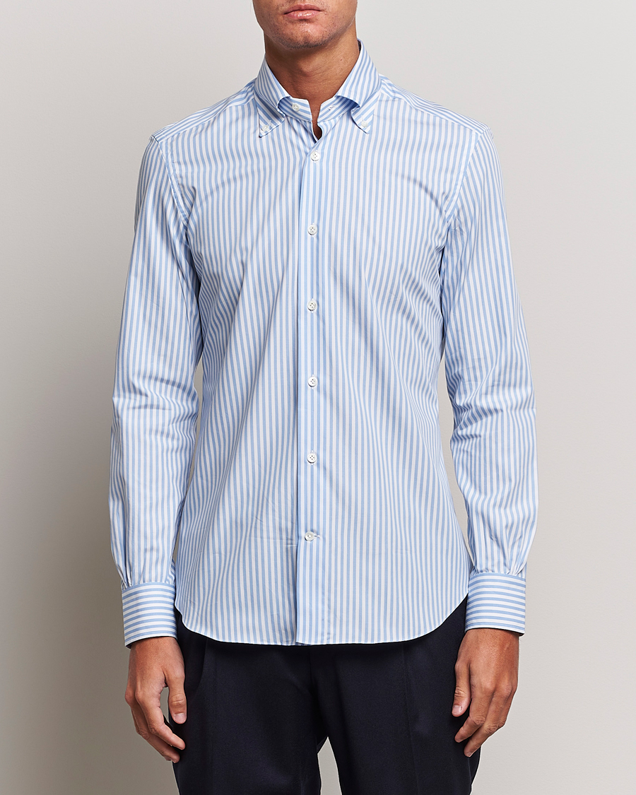 Herre | Skjorter | Mazzarelli | Soft Button Down Striped Shirt Light Blue