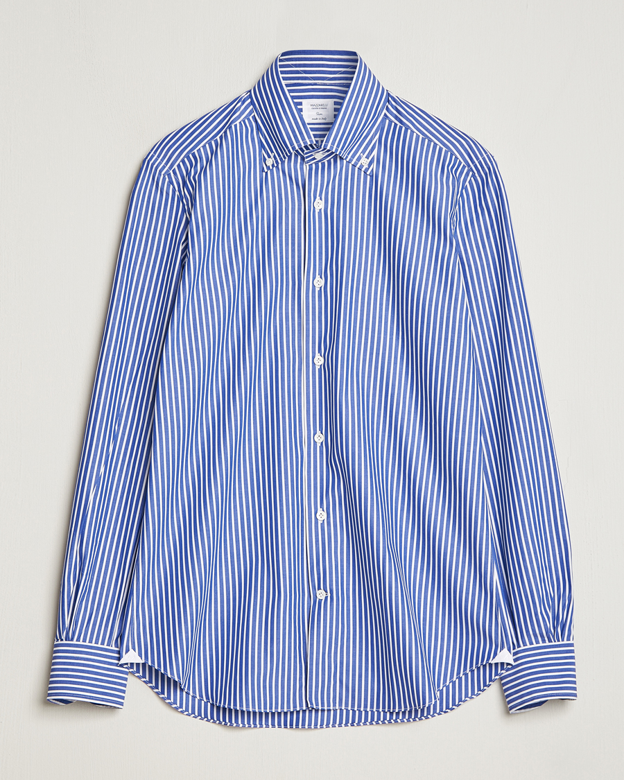 Herre | Skjorter | Mazzarelli | Soft Button Down Striped Shirt Dark Blue
