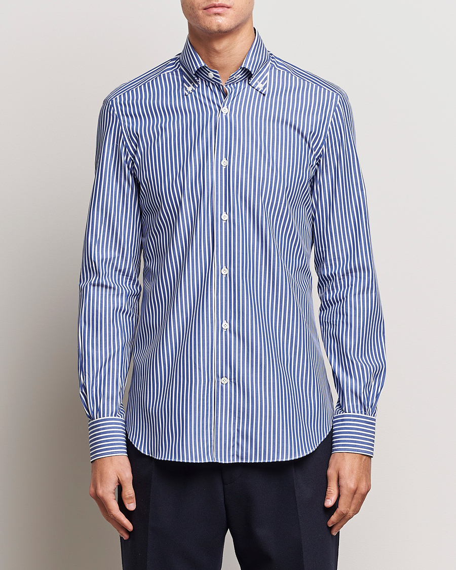 Herre |  | Mazzarelli | Soft Button Down Striped Shirt Dark Blue