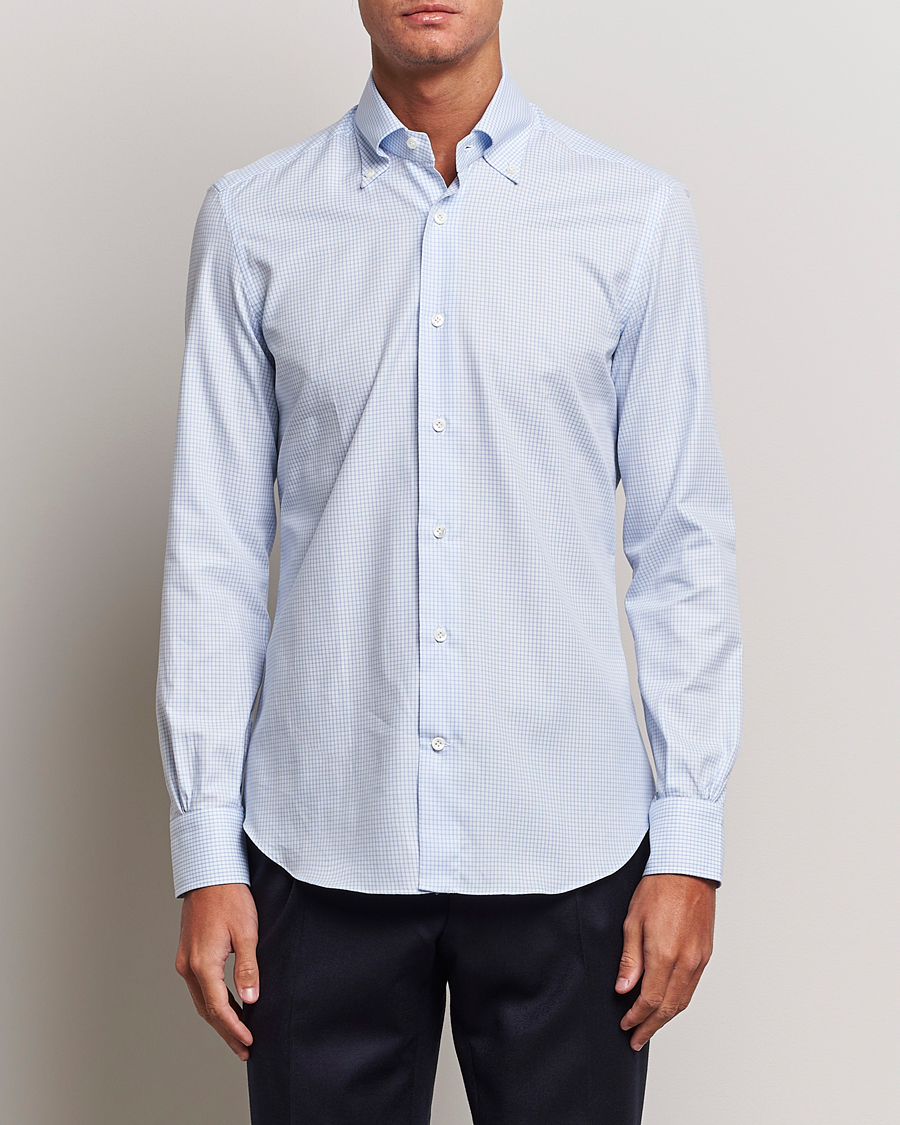 Herre | Skjorter | Mazzarelli | Soft Button Down Checked Shirt Light Blue
