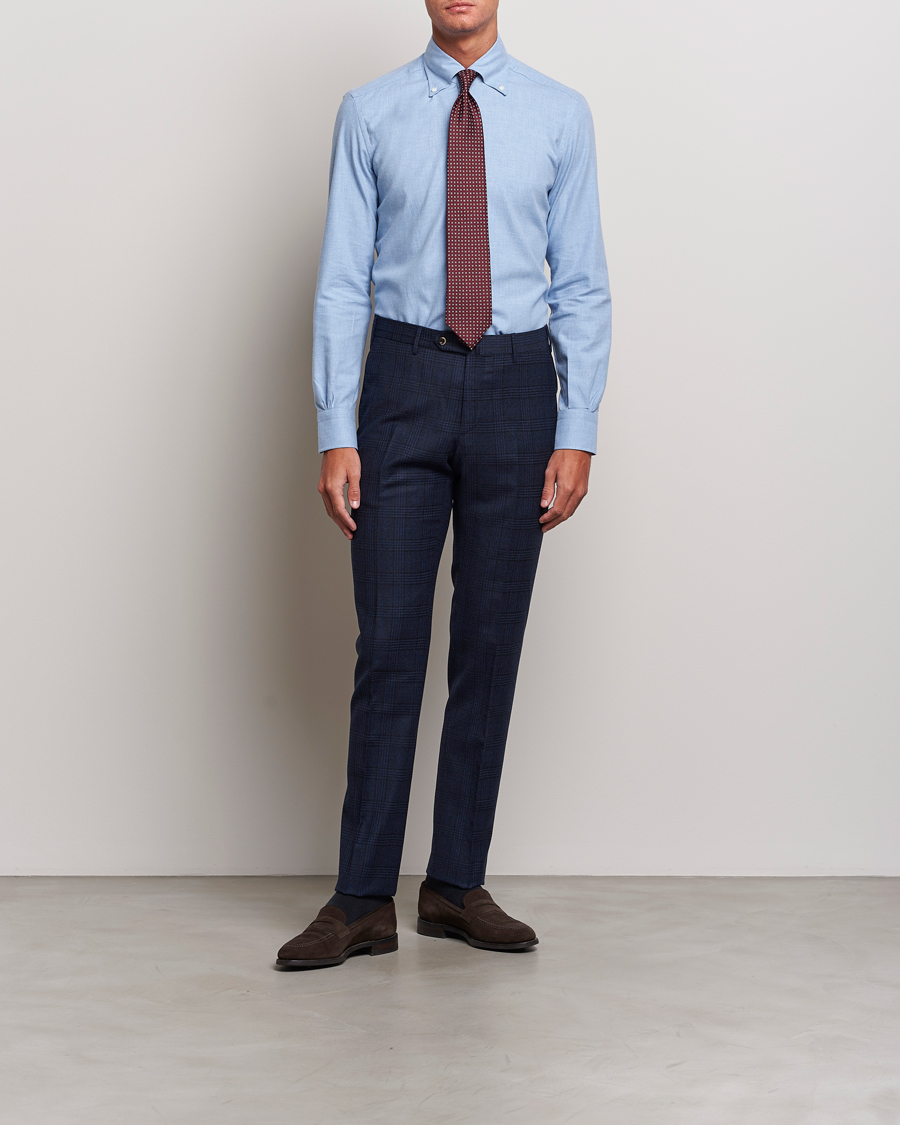 Herre | Skjorter | Mazzarelli | Soft Button Down Flannel Shirt Light Blue