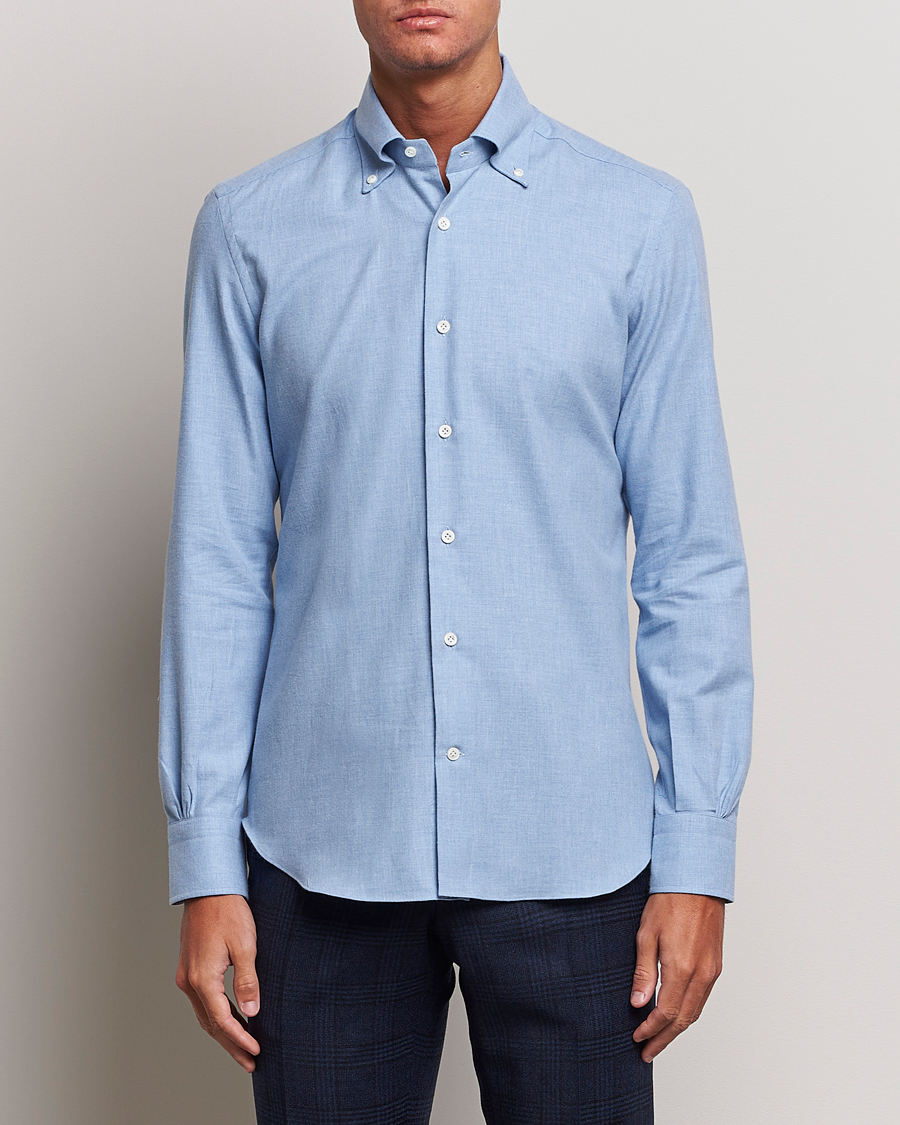 Herre | Skjorter | Mazzarelli | Soft Button Down Flannel Shirt Light Blue
