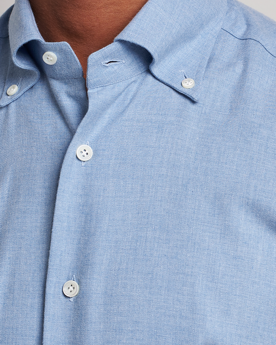 Herre | Skjorter | Mazzarelli | Soft Button Down Flannel Shirt Light Blue