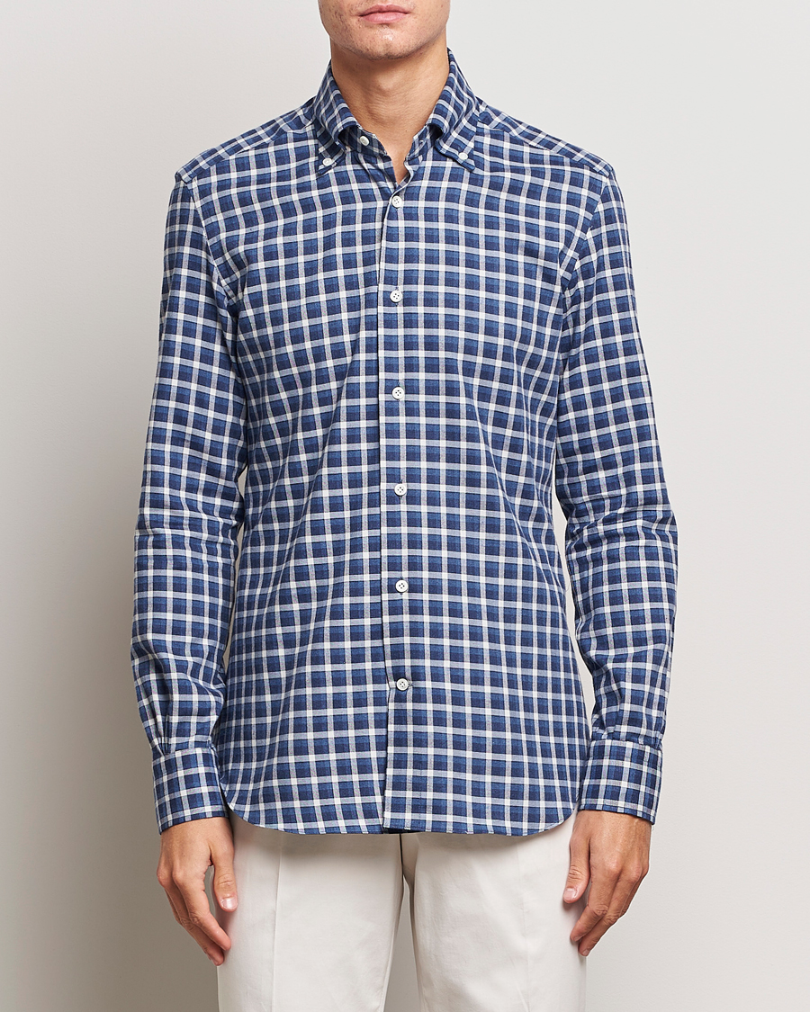 Herre | Flannelskjorter | Mazzarelli | Soft Button Down Flannel Shirt Dark Blue