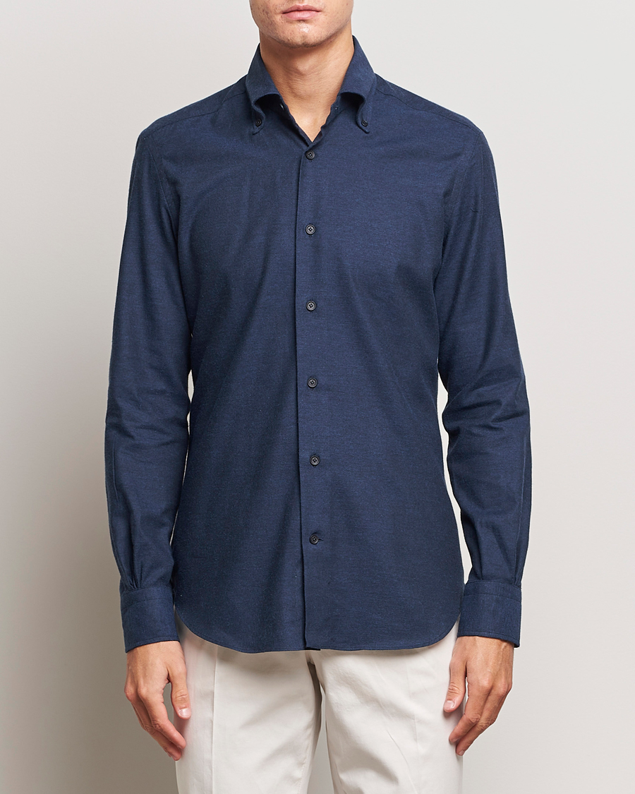 Herre | Flannelskjorter | Mazzarelli | Soft Button Down Flannel Shirt Navy