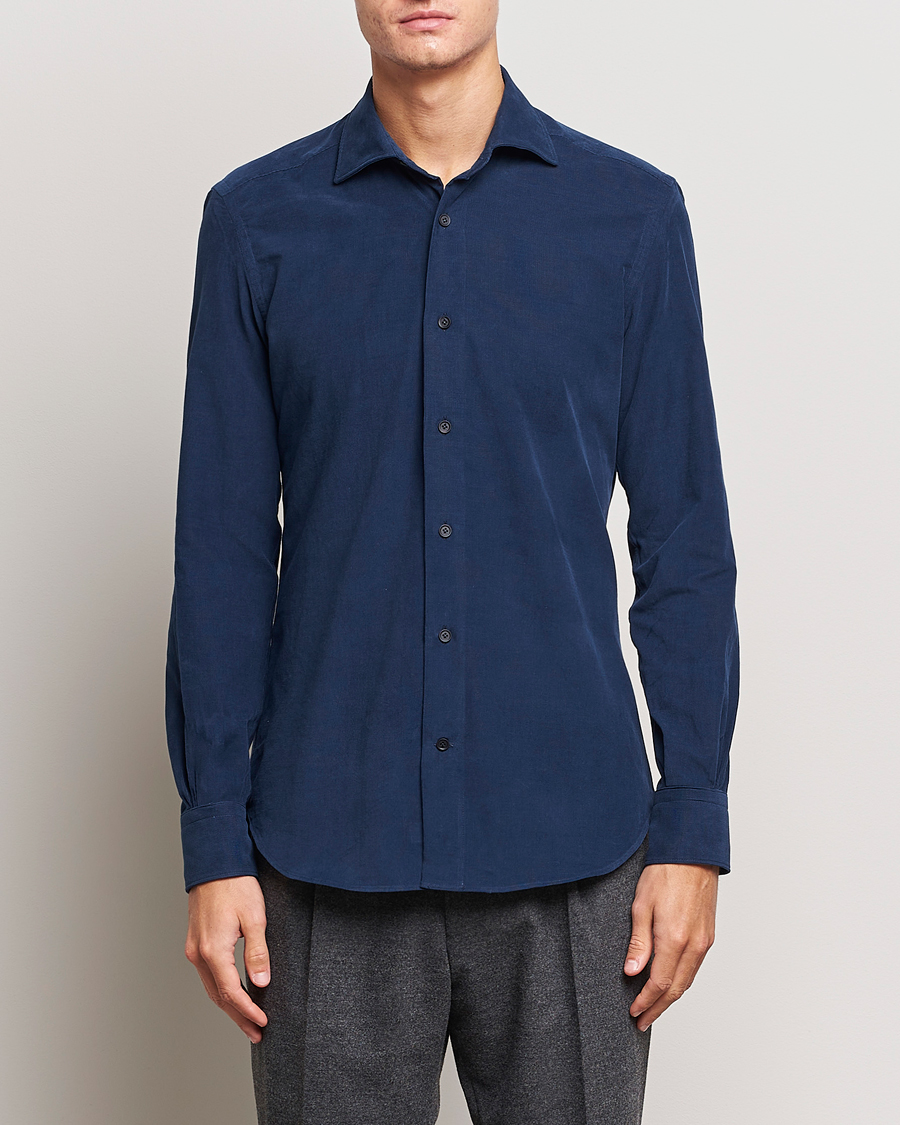 Herre | Fløjlsskjorter | Mazzarelli | Soft Button Down Corduroy Shirt Navy