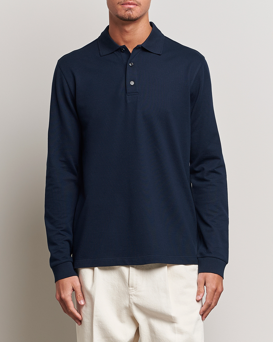 Herre | Trøjer | Brioni | Cotton Piquet Long Sleeve Polo Navy