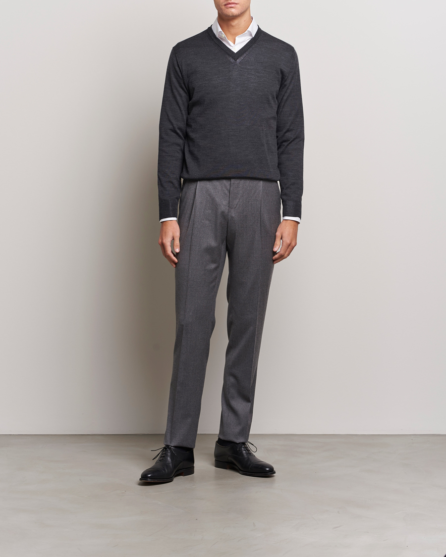 Herre | Trøjer | Canali | Merino Wool V-Neck Charcoal
