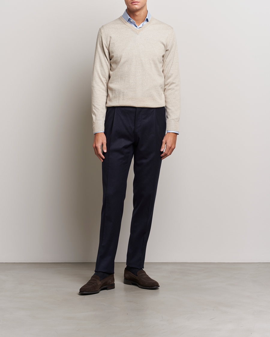 Herre | Trøjer | Canali | Merino Wool V-Neck Light Beige