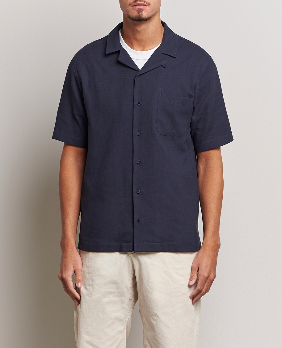 Herre | Kortærmede skjorter | Sunspel | Waffle Camp Collar Shirt Navy