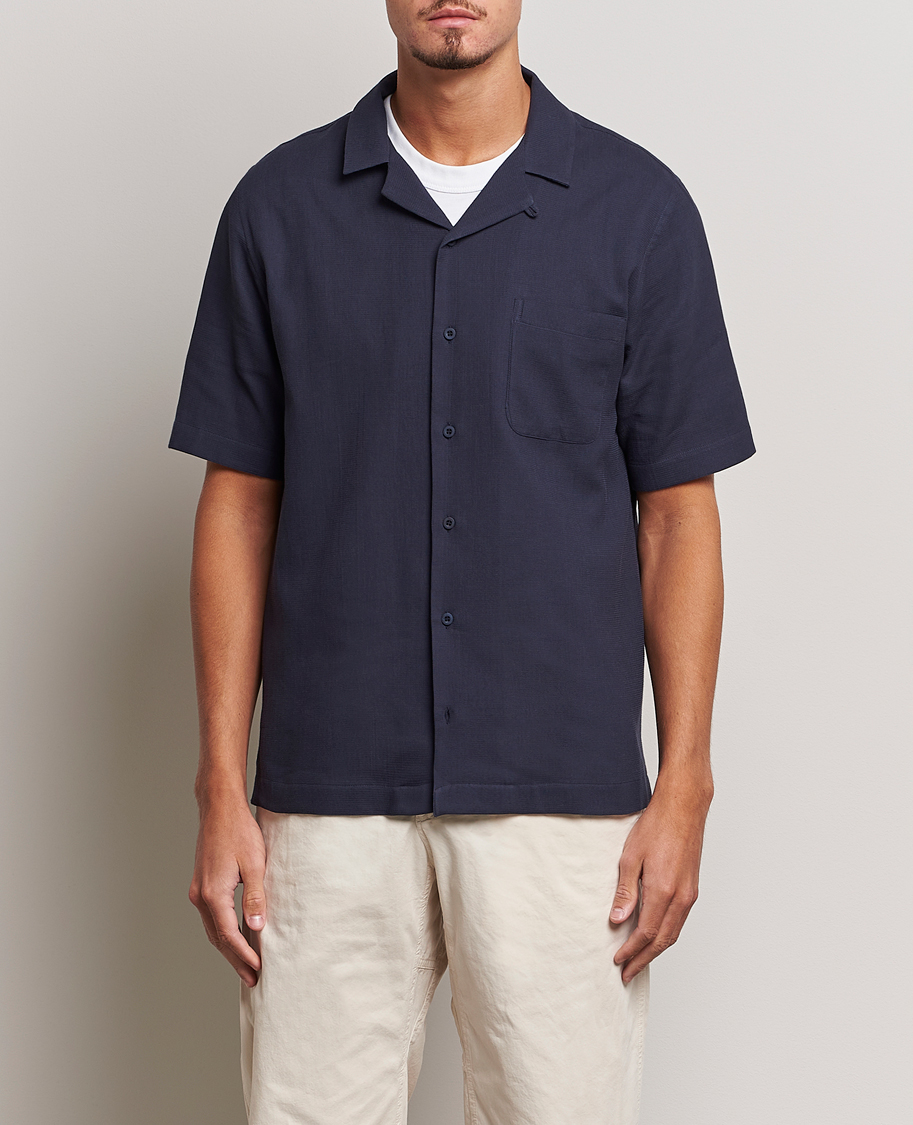 Herre | Skjorter | Sunspel | Waffle Camp Collar Shirt Navy