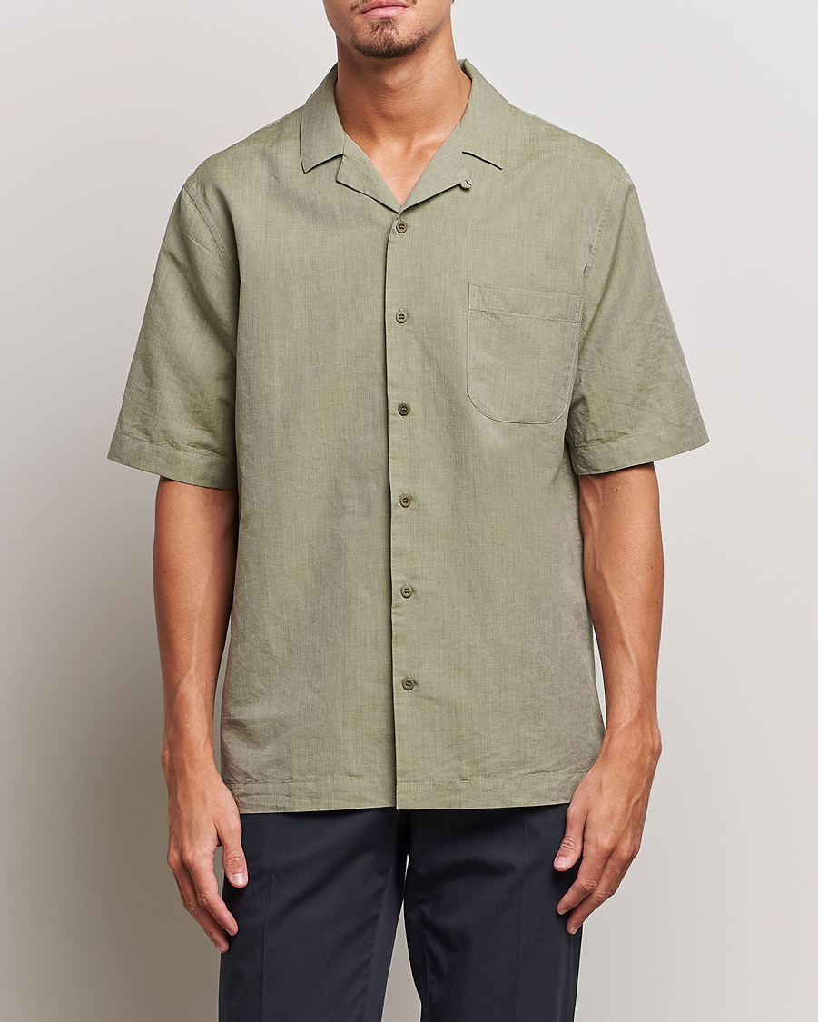 Herre | Kortærmede skjorter | Sunspel | Lightweight Cotton/Linen Resort Shirt Hunter Green