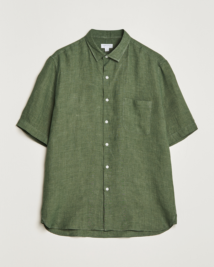 Herre | Skjorter | Sunspel | Short Sleeve Linen Shirt Hunter Green
