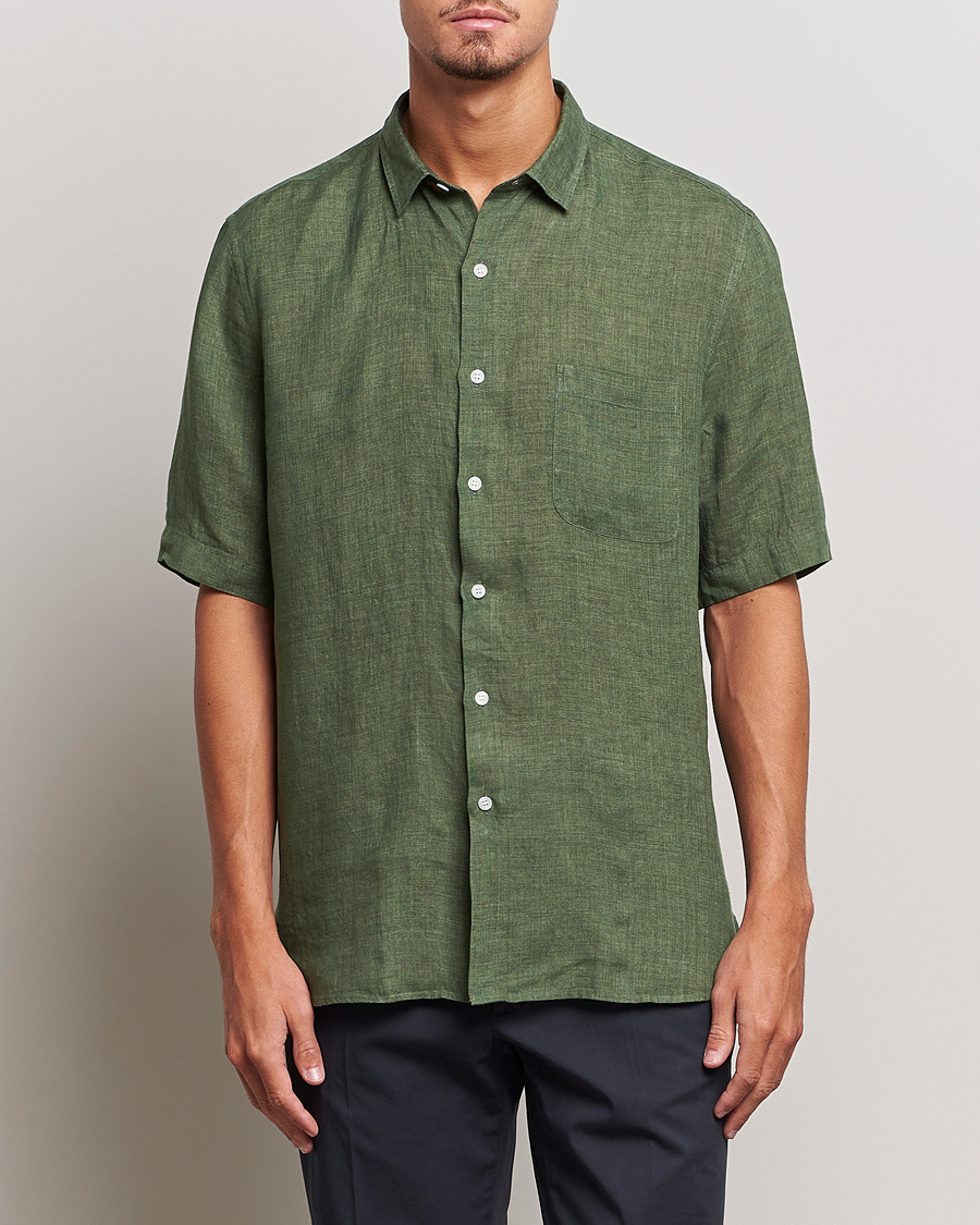 Herre | Kortærmede skjorter | Sunspel | Short Sleeve Linen Shirt Hunter Green