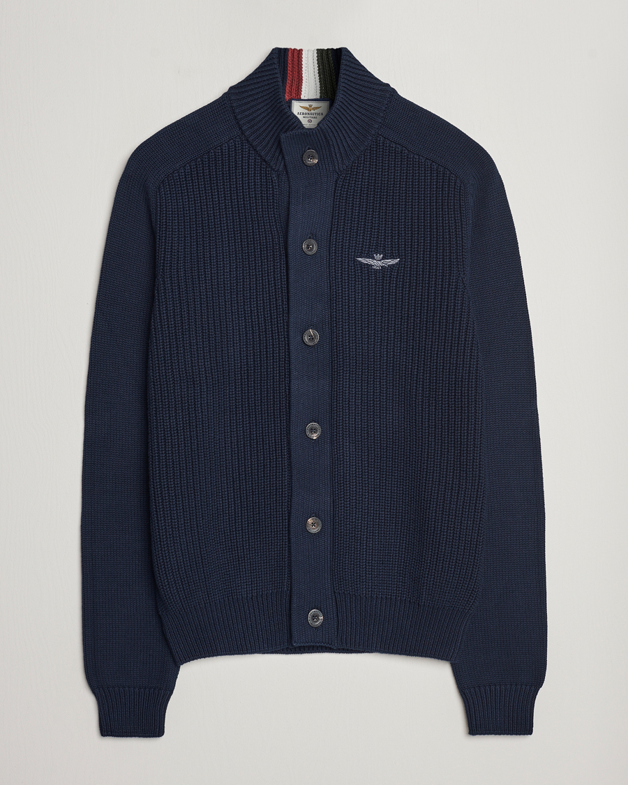 Herre | Trøjer | Aeronautica Militare | Cotton Ribbed Knitted Cardigan Dark Blue