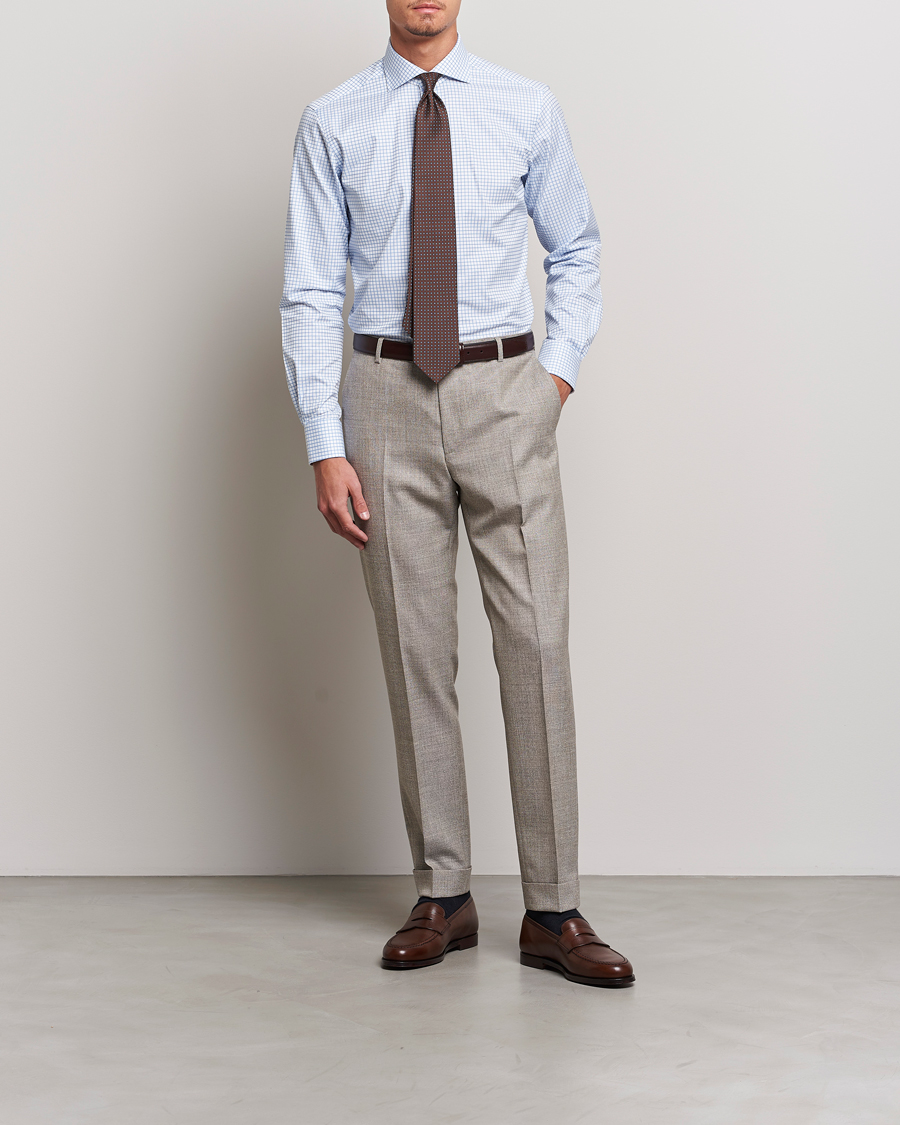Herre | Skjorter | Kamakura Shirts | Slim Fit Twill Spread Shirt Sky Blue Check