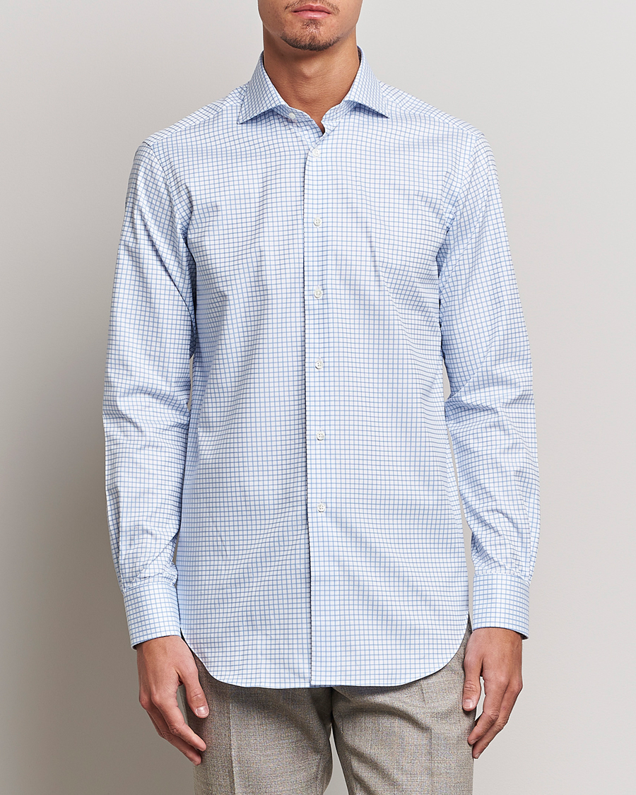 Herre | Oxfordskjorter | Kamakura Shirts | Slim Fit Twill Spread Shirt Sky Blue Check