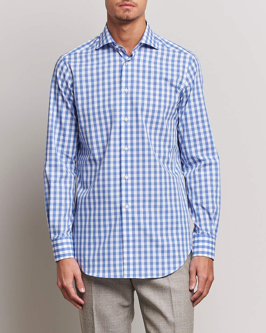 Herre | Nye produktbilleder | Kamakura Shirts | Slim Fit Broadcloth Spread Shirt Blue Gingham