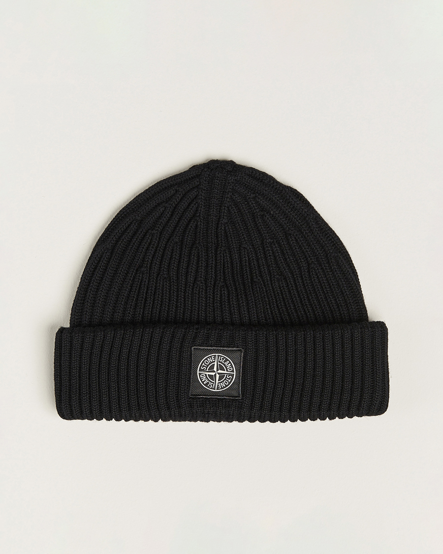 Herre | Stone Island Full Rib Wool Beanie Black | Stone Island | Full Rib Wool Beanie Black