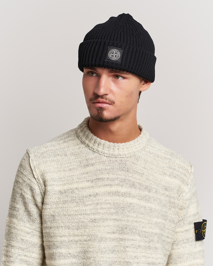 Herre | Stone Island Full Rib Wool Beanie Black | Stone Island | Full Rib Wool Beanie Black