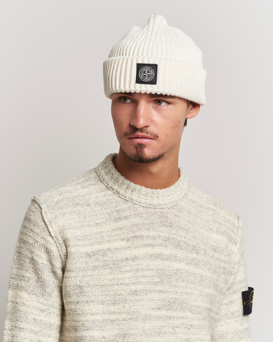 Herre | Stone Island Full Rib Wool Beanie Natural | Stone Island | Full Rib Wool Beanie Natural