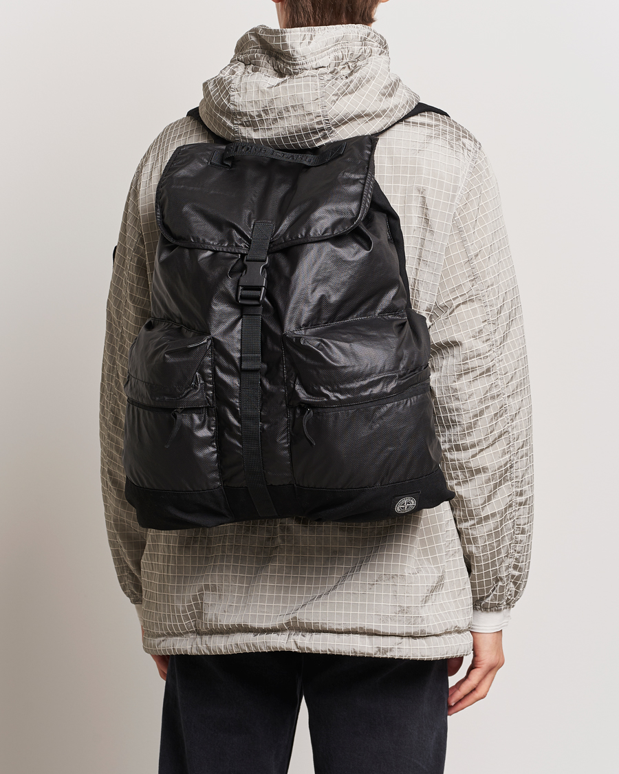 Herre | Stone Island Garment Dyed Mussola Gommata Canvas Backpack Black | Stone Island | Garment Dyed Mussola Gommata Canvas Backpack Black