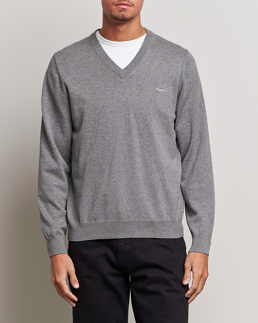 Herre | Trøjer | Gant | Classic Cotton V-Neck Dark Grey Melange