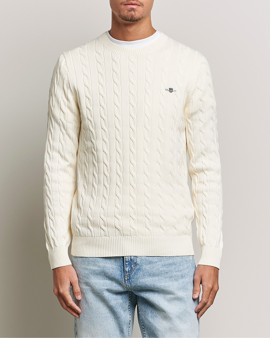 Herre | GANT | GANT | Cotton Cable Crew Neck Pullover Cream